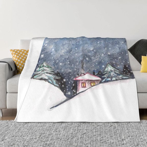 Rozeui Watercolor Winter Landscape For Christmas for Flannel Blanket, Soft Fuzzy Plush King Blanket for Winter, Thick and Warm All-Season Bed Throw-50"x40"