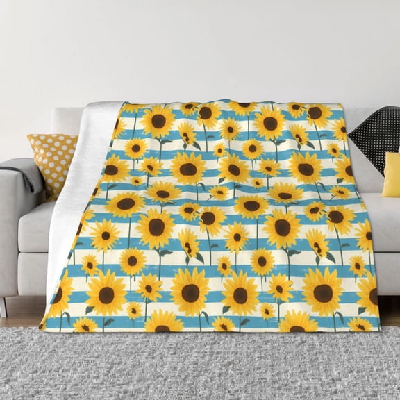 Rozeui White Blue Striped Sunflower for Flannel Blanket, Soft Fuzzy Plush King Blanket for Winter, Thick and Warm All-Season Bed Throw-50"x40"