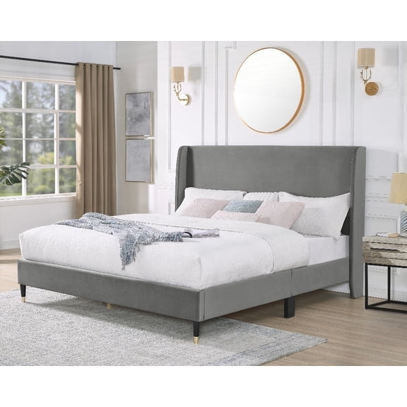 Queen Size Velvet Platform Bed with Black-Gold Cone-Like Legs, No Box Spring Required, Gray for Bedroom