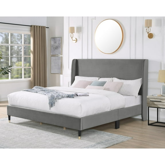 Rozitta Gray Velvet Wingback Platform Bed, King