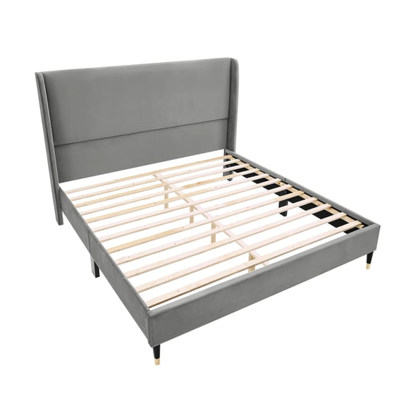 Rozitta Gray Velvet Wingback Platform Bed, Queen