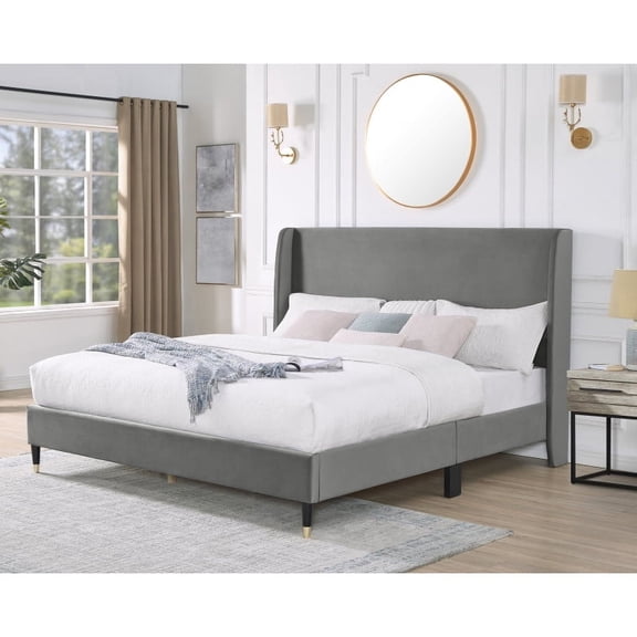 Rozitta Gray Velvet Wingback Platform Bed, Queen