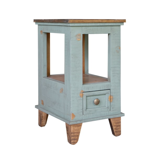 Rozy 26 Inch Chairside End Table, Teal Blue Pine Wood, Hand Finished