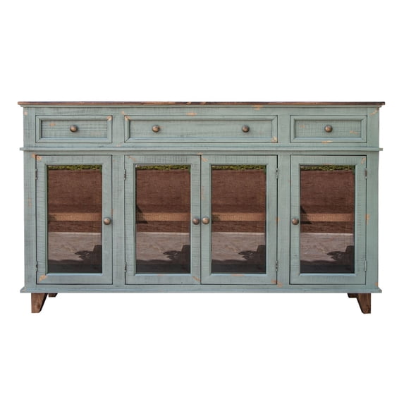 Rozy 70 Inch Console Sideboard Cabinet - 4 Glass Doors - Teal Blue Pine Wood