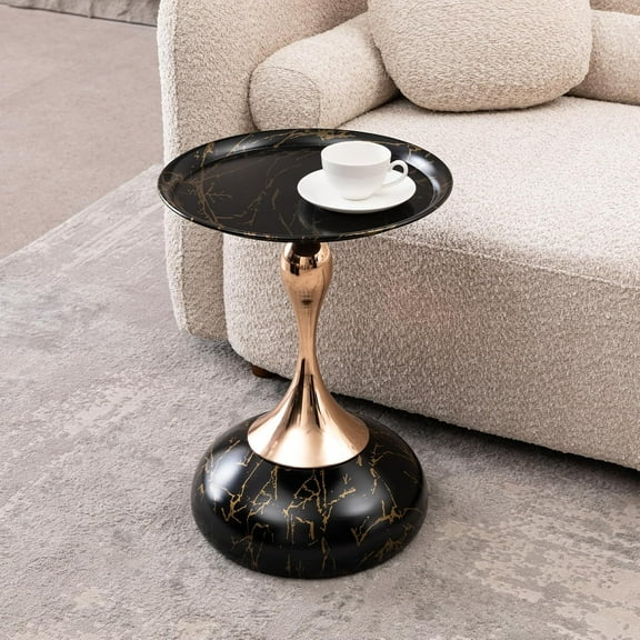 Rpuzonier Metal Side Table, Modern Round Side End Table Metal Pedestal Side Table Coffee Table, Corner Accent Table Fluted Circle Decorative Drink Martini Table for Living Room (Black Marble)