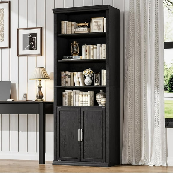 Rresyet 28" W Bookcase with Doors, Modern Tall Bookshelf 6-Tier Black Bookshelves with Storage Cabinet for Office, Living Room, Library