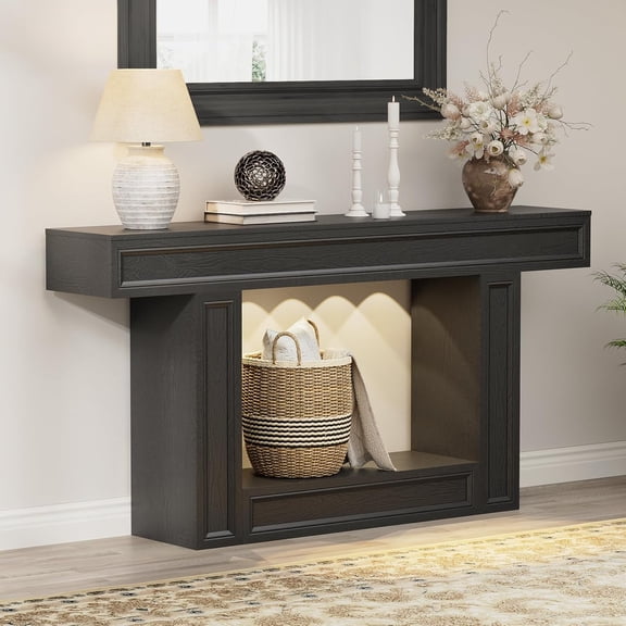 Rresyet 63" Console Table, 2-Tier Entryway Table with Sensor Lights, Coffee Table Behind The Sofa, with U-Shaped Base Suitable for Entryways, Living Rooms, Corridors, and Foyers(Black)