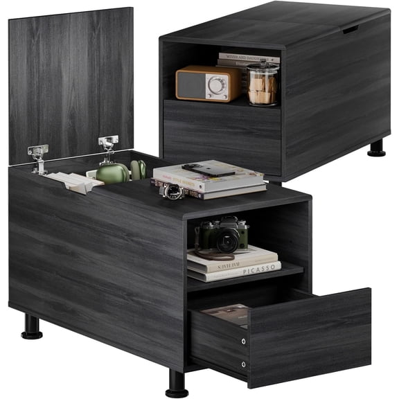 Rresyet Adjustable Height End Table with Large Cube Storage, Drawer & Open Shelf - 15.8" Modern Nightstand, Minimalist Sofa Side Table for Living Room, Bedroom, Office (2, Black)