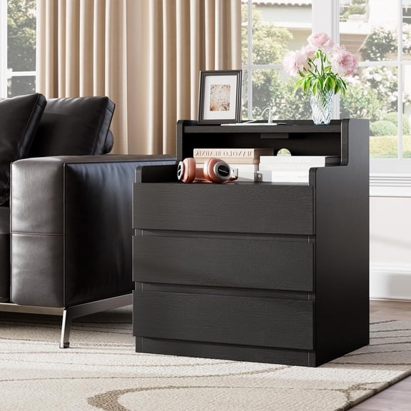 Rresyet Black Nightstand with Drawers 26.8" Night Stand with Charging Station Modern End Table for Bedroom, Storage Upgrade & Handle-Free Design