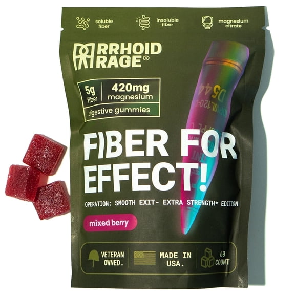 Rrhoid Rage Fiber for Effect Extra Strength Gummies - Mixed Berry, Promotes Healthy Digestion with Fiber & Magnesium, 60 Gummies