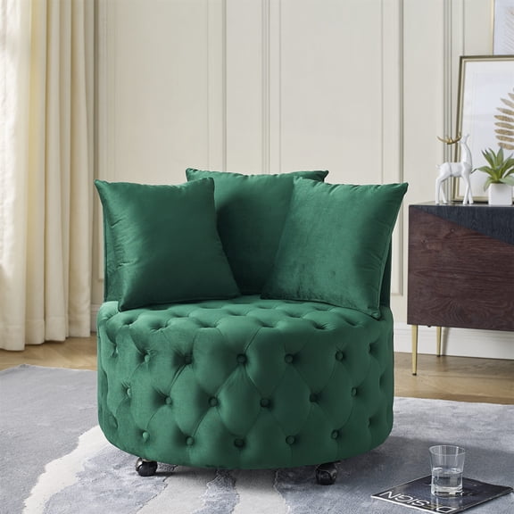 ARCTICSCORPION Velvet Upholstered Swivel Chair, Modern Accent Chair Arm Chair with 4 Movable Wheels, 3 Pillows, Button Tufted for Living Room Office, Green