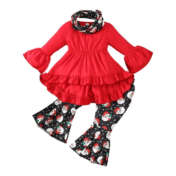Rrunsv Baby Girls Cotton Clothes Ruffled Long Sleeve and Flared Pants Scarf Outfit 3pcs Set Black,12-18 Months