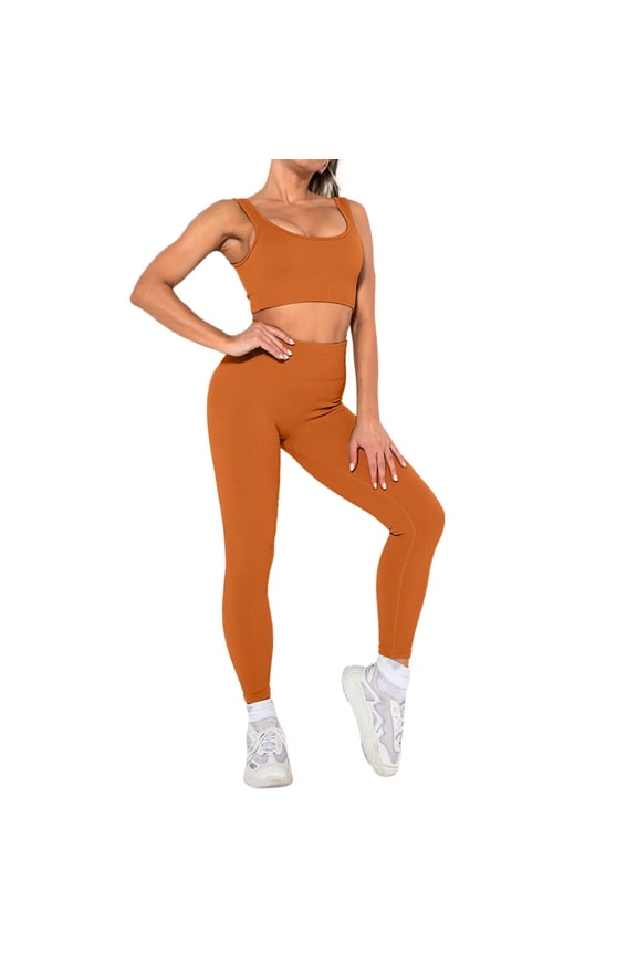 Cute Workout Set 2 Piece Workout Sets for Women, Seamless Work Out Ribbed Gym Outfits, Yoga Activewear Set Coffee,S