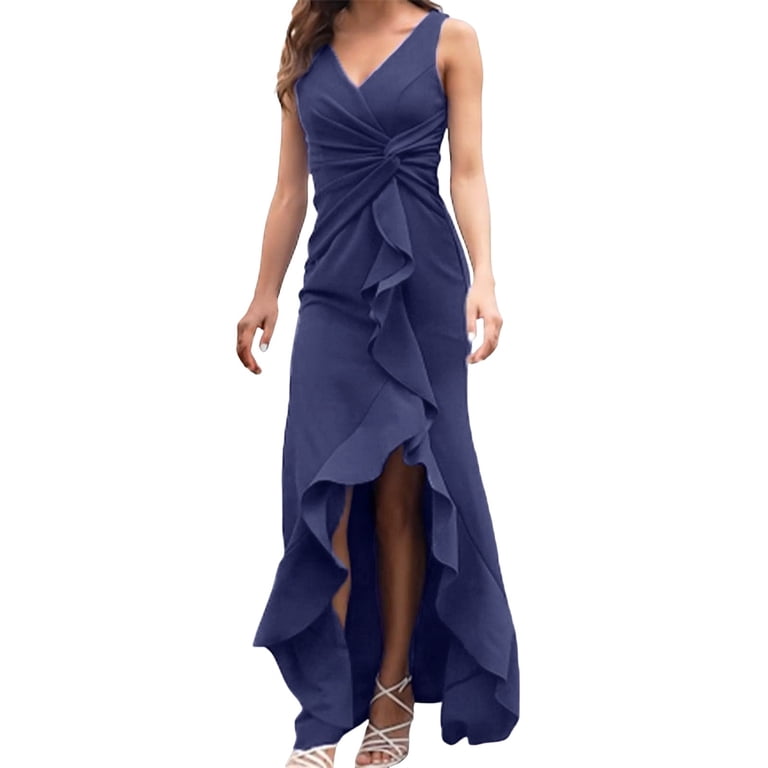 knee length dresses for ladies Mac Duggal Embellished Plunge Neck Bishop Sleeve Dress, 8 / Midnight main image 0