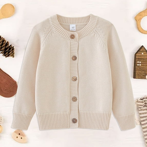 Rrunsv Girls' Cardigans Sweater Cotton School Uniforms Button Solid Color Fashion Long Sleeve Knit Sweaters(Beige,5-6 t)