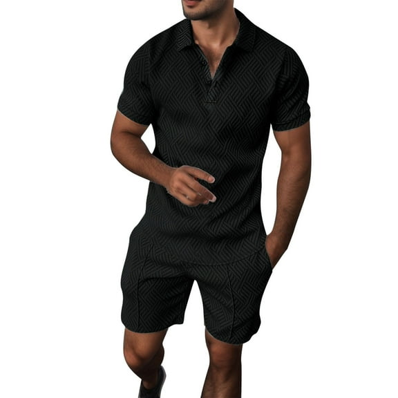 Rrunsv Men Suits Slim Fit Men's Two Piece Outfits Hawaiian Sets Graphic Shirts and Shorts Track Suit Set Black,L