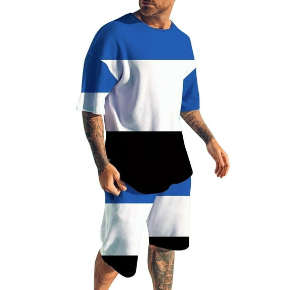 Rrunsv Men Vacation Outfits Sets Men's 2 Piece Outfit Print Short Sleeve Tee and Drawstring Waist Shorts Set Blue,XXXXL