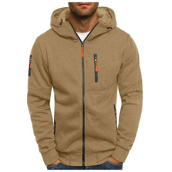 Rrunsv Men's Graphic Hoodies Zip Up Solid Color Long Sleeve Fashion Casual Sweatshirts Essentials Hoodies(Khaki,3XL)