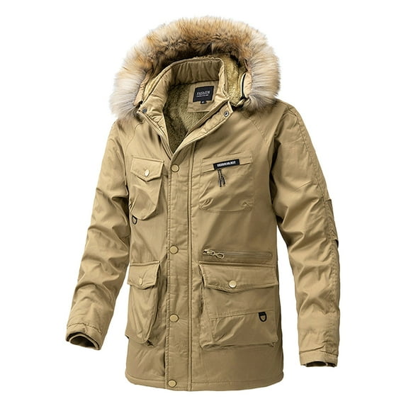 Rrunsv Men's Parka Jacket Winter Hooded Zipper Parka Jacket Men Streetwear Fashion Coat Khaki,XXXL