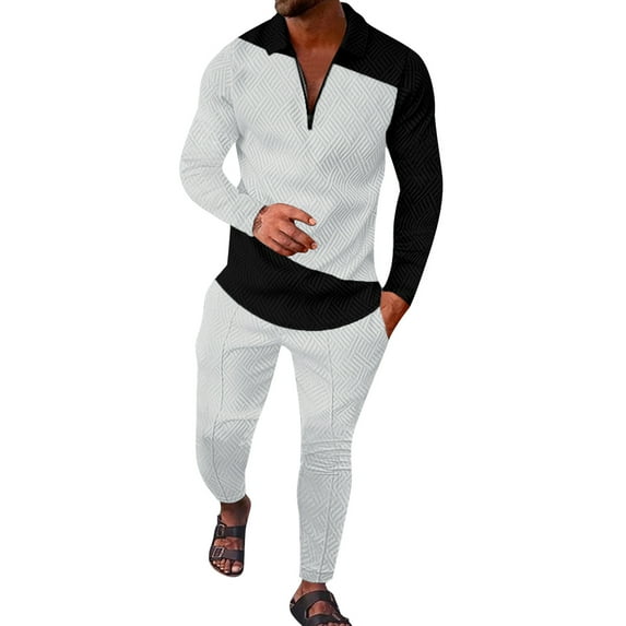 Rrunsv Men's Polo Shirt and Pants Set Summer Outfits Fashion Casual Long Sleeve Polo Suit for Men 2 Piece Set White,2XL