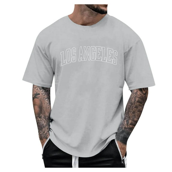 Rrunsv Mens Beach Shirts Men's Letter Graphic Print T Shirts Round Neck Short Sleeve Loose Tee Tops Grey,L