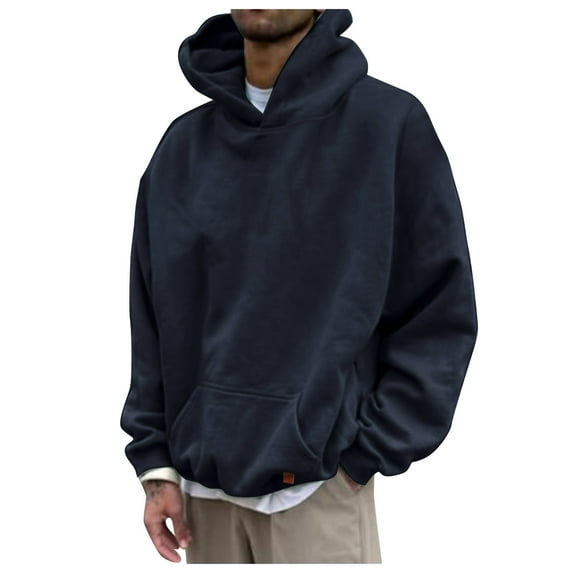 Rrunsv Mens Hoodies Pullover Oversized Hoodie Heavyweight Cotton Hooded Sweatshirt Couples Streetwear Hoodies Solid Color Sweatshirts Unisex(Navy,2XL)