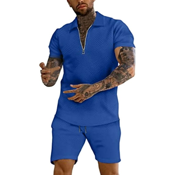 Rrunsv Mens Suits Classic Fit 2 Piece Shirts And Shorts Sets for Men Regular Fit Casual Hawaiian Shirts Sets Blue,M