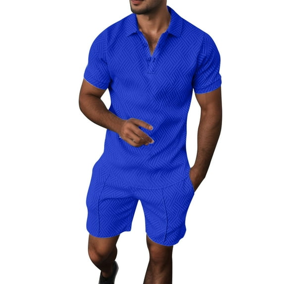 Rrunsv Mens Sweatsuits Men's 2 Pieces Set Casual Henley Shirts Short Sleeve Beach Shorts Summer Outfits Blue,L