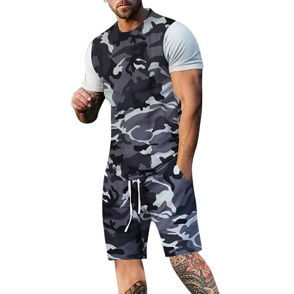 Rrunsv Mens Tracksuit Men's 2 Pieces Set Casual Henley Shirts Short Sleeve Beach Shorts Summer Outfits Grey,L