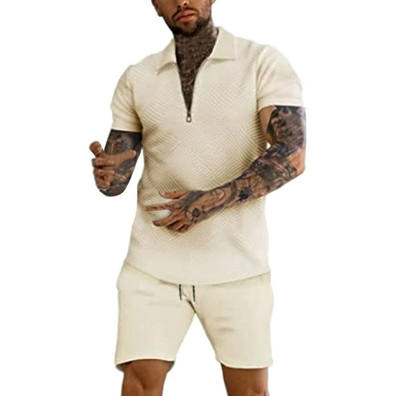 Rrunsv Suit for Men Men's Shorts Set Summer Outfits 2 Piece Tracksuit Fashion Casual Short Sleeve Suit Beige,M