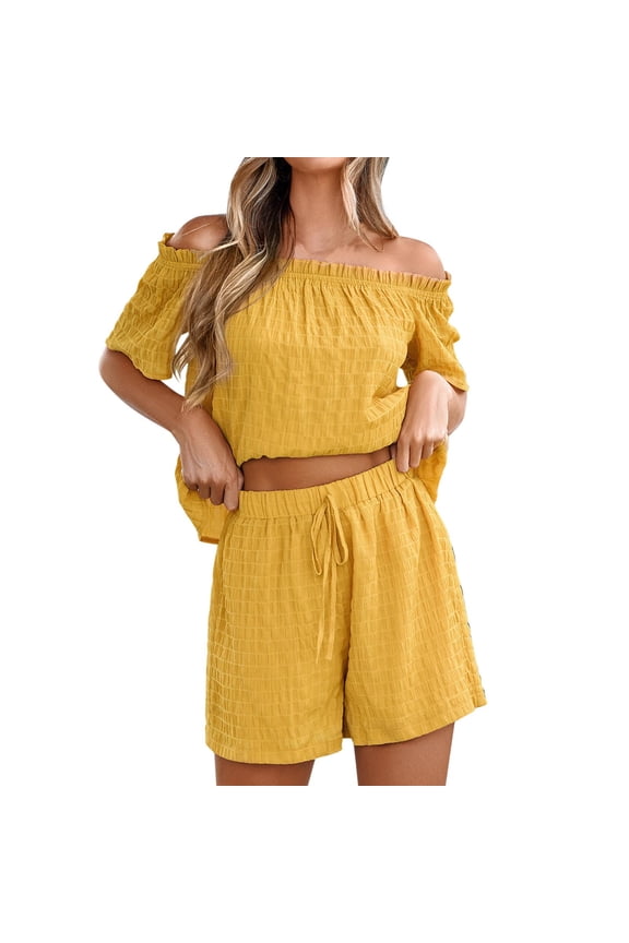 Summer Sets for Women Women's 2 Piece Outfit Sets Reversible Oversized Shirt Biker Shorts Summer Clothes Yellow,S