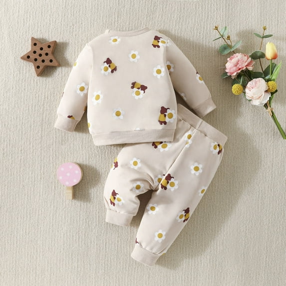 Rrunsv Toddler Girls Clothes Long Sleeve Flower Print Tops Pants Set Baby Girls Fall Clothes Set(Z01-Beige,2-3 Years)