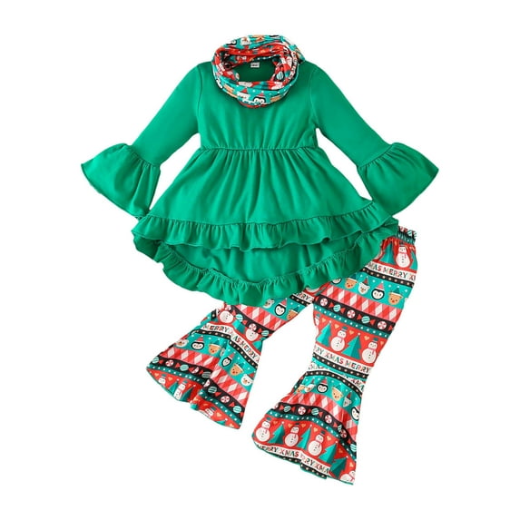 Rrunsv Toddler Girls Outfits 3PCS Print Tunic Drees Shirt Pants Set Legging Fall Winter Clothes Child Kids Baby Comfy Dailywear Girl Essentials(Green,18-24 Months)