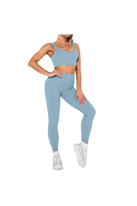 Two Piece Yoga Sets for Women Women's 2 Piece Workout Sets High Waisted Seamless Leggings with Padded Sports Bra Sets Blue,S
