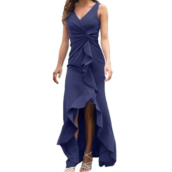 Rrunsv Women'S Semi Formal Dresses Women's Summer Formal Dresses Sleeveless Ruched Bodycon Wedding Guest Slit Maxi Dress Dark Blue,S