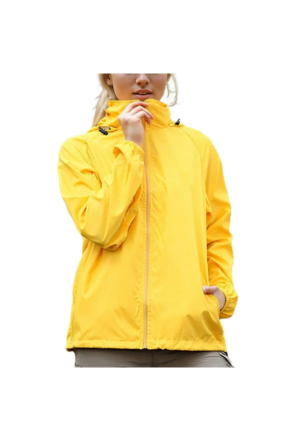 Women's Lightweight Waterproof Windproof Long Sleeve Adjustable Windbreaker Zip Up Jackets Hooded with Pockets Soft Shell Jacket Womens Yellow,2XL