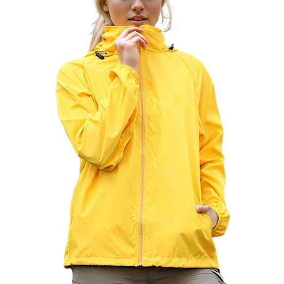 Rrunsv Women's Lightweight Waterproof Windproof Long Sleeve Adjustable Windbreaker Zip Up Jackets Hooded with Pockets Soft Shell Jacket Womens Yellow,2XL