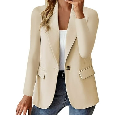 Rrunsv Womens Fall Fashion 2024 Casual Long Sleeve Suit Coat Solid Color Knit Blazer Work Office Business Formal Suit Open Front Blazer Jacket Beige,XL