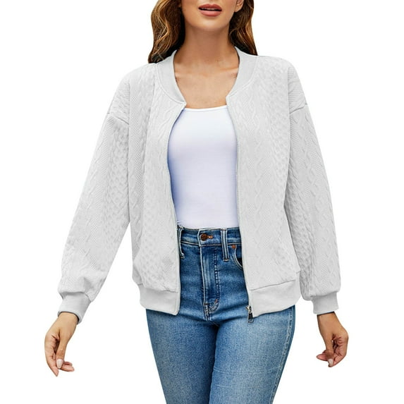 Rrunsv Womens Fashion Cropped Shackets Bomber Button Down Crop Zip Up Jackets Tops Long Sleeve Shirts Gym Jacket White,M