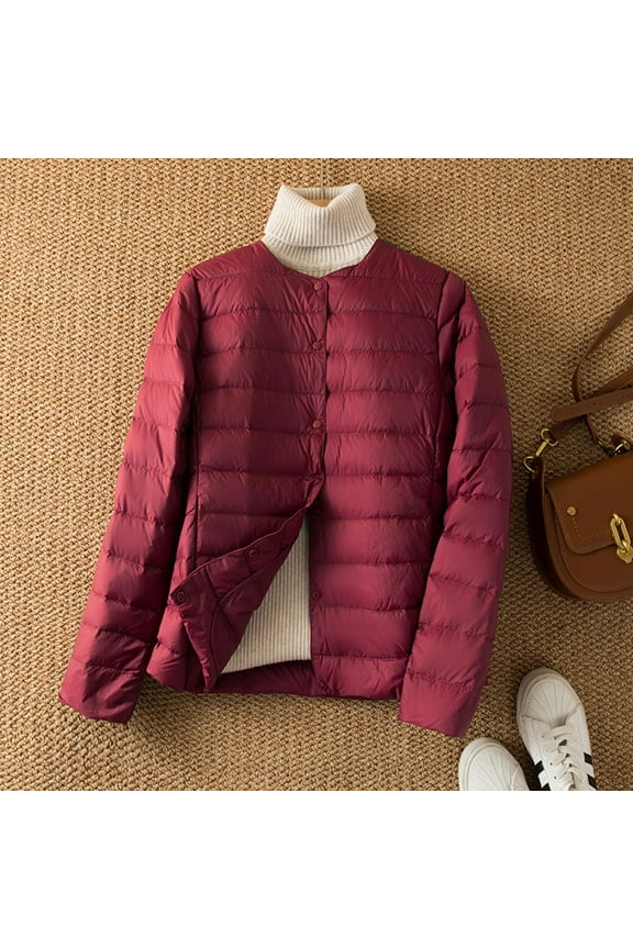 Womens Puffer Coats Without Hood Buttons Long Sleeve Collarless Lightweight Puffer Jacket Winter Coats Warm Outwear(Red,3XL)