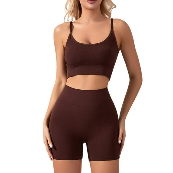 Rrunsv Workout Outfits for Women Workout Sets for Women 2 Piece Long Sleeve Crop Tops Seamless Ribbed Outfits High Waist Leggings Coffee,M