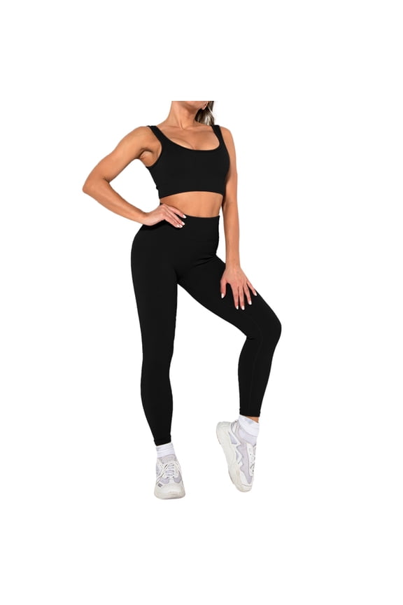 Yoga Outfits for Women 2 Piece Set Women's 2 Piece Outfit Long Sleeve Crew Neck Crop Top and Pants Set Yoga Basic Tracksuit Black,S