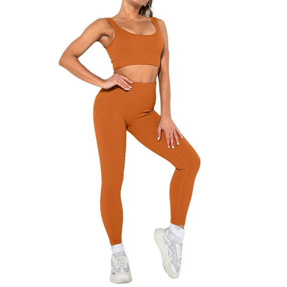 Rrunsv Yoga Workout Sets for Women Women's 2 Piece Workout Sets High Waisted Seamless Leggings with Padded Sports Bra Sets Coffee,L