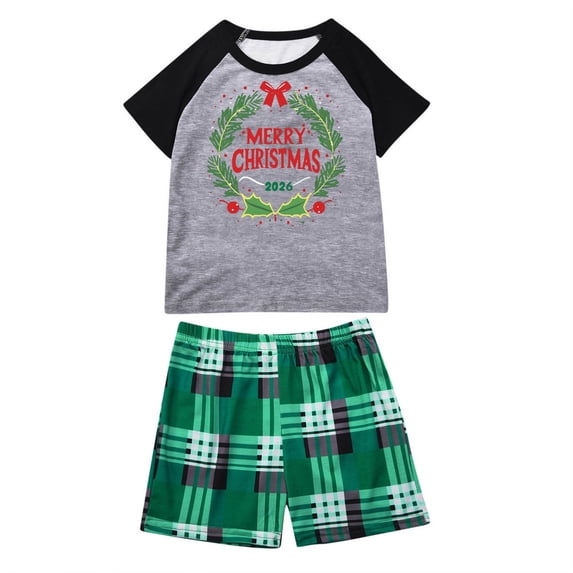 Rrxhxhs 2026 Merry Christmas Matching Pajamas Set Wreath Print Crew Neck Raglan Sleeve Sleepwear Short-Sleeve Plaid Shorts Set