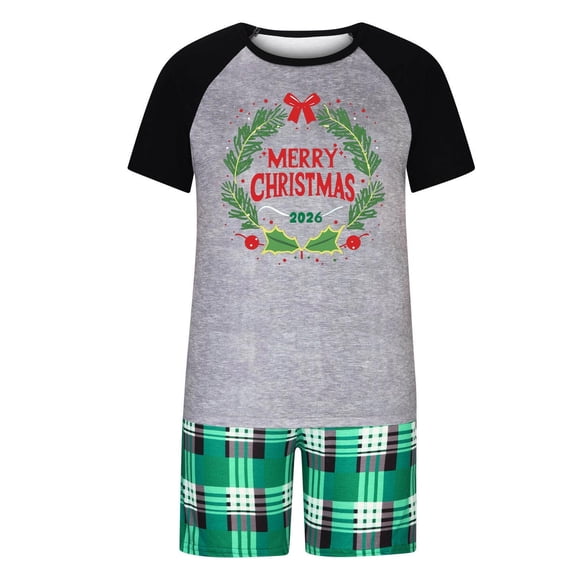 Rrxhxhs 2026 Merry Christmas Matching Pajamas Set Wreath Print Crew Neck Raglan Sleeve Sleepwear Short-Sleeve Plaid Shorts Set