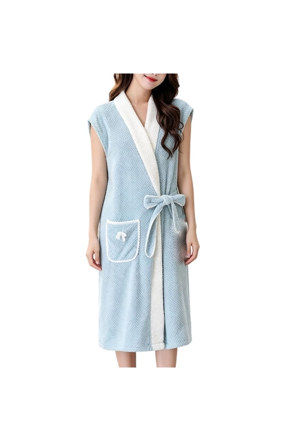Bathrobe for Women Wearable Style Soft Comfy Absorbent Sleeveless V Neck Wrap Robes with Pocket & Belt