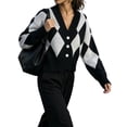thumbnail image 1 of Rrxhxhs Cardigan Sweaters for Women Argyle V-Neck Knit Button Front Long Sleeve Cropped Vintage Casual Layering Top, 1 of 9