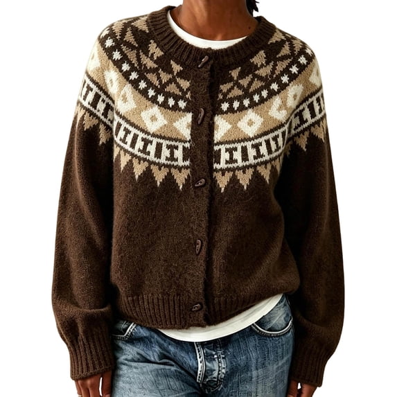 Rrxhxhs Cardigan Sweaters for Women Crew Neck Fair‑Isle Jacquard Toggle Closure Long Sleeve Retro Nordic Knit Cover Up