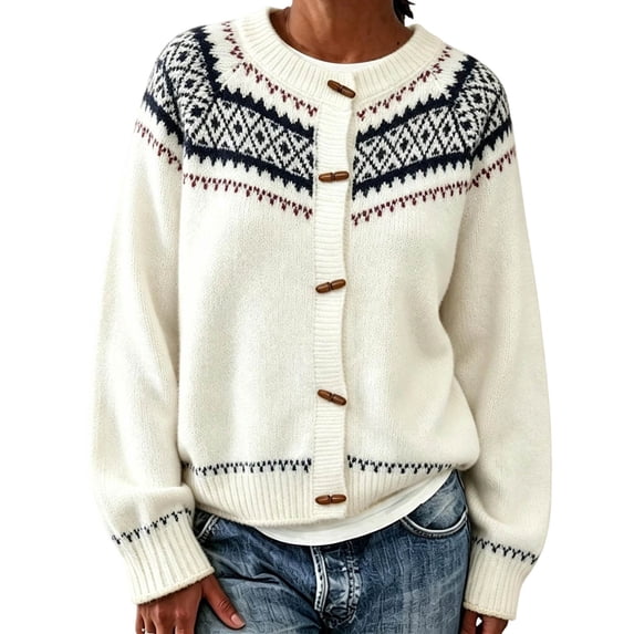 Rrxhxhs Cardigan Sweaters for Women Crew Neck Fair‑Isle Jacquard Toggle Closure Long Sleeve Retro Nordic Knit Cover Up