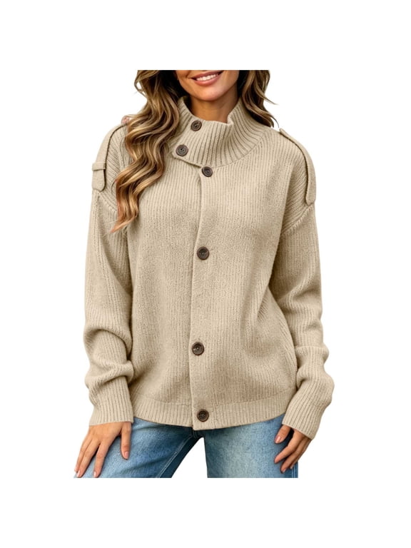 Cardigan Sweaters for Women Solid Color Funnel Neck Button Front Long Sleeve Warm Casual Knit Cover Up